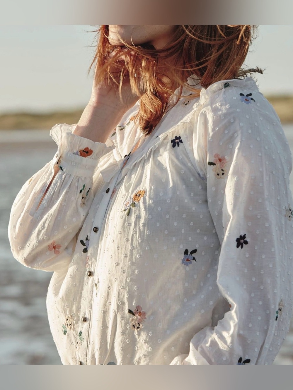 Fat Face Women's White Swiss Dot Floral Button-Up Blouse - size 14/xl